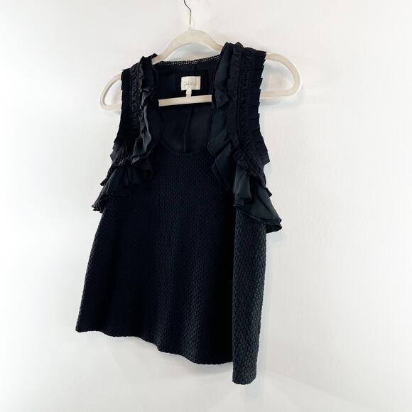 Deletta Anthropologie Ruffle Shoulder Trim Textured Stretch Tank Top Black Small - Picture 10 of 13